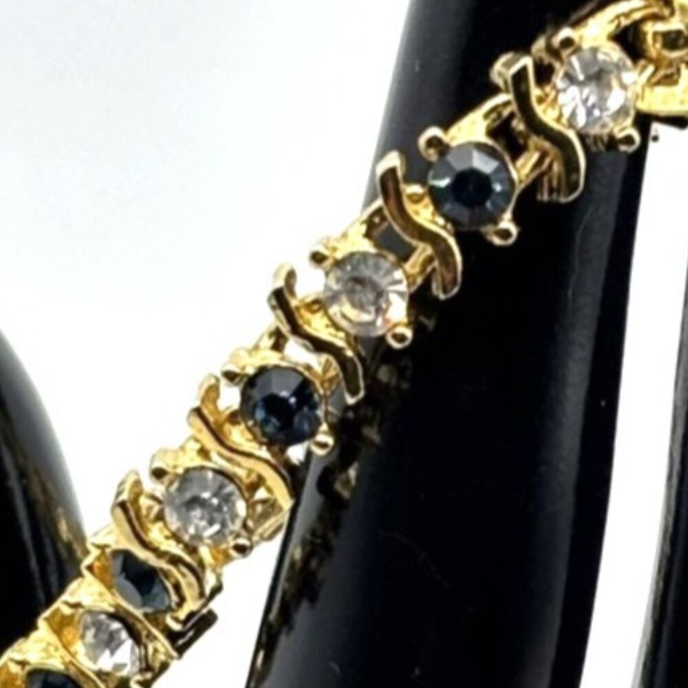Vintage Gold Tone Metal and Faux Sapphire Faux Diamond Tennis Style Bracelet 80s - Picture 7 of 13